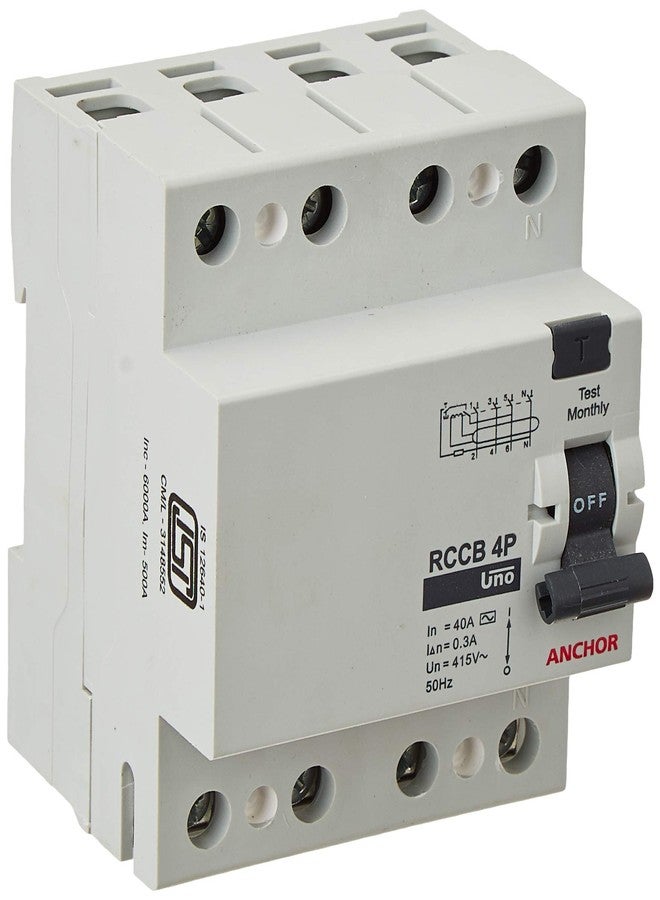Anchor by Panasonic UNO Series RCCB 40 AMP 300mA Four Pole Residual Current Circuit Breaker (White, 98221-2)